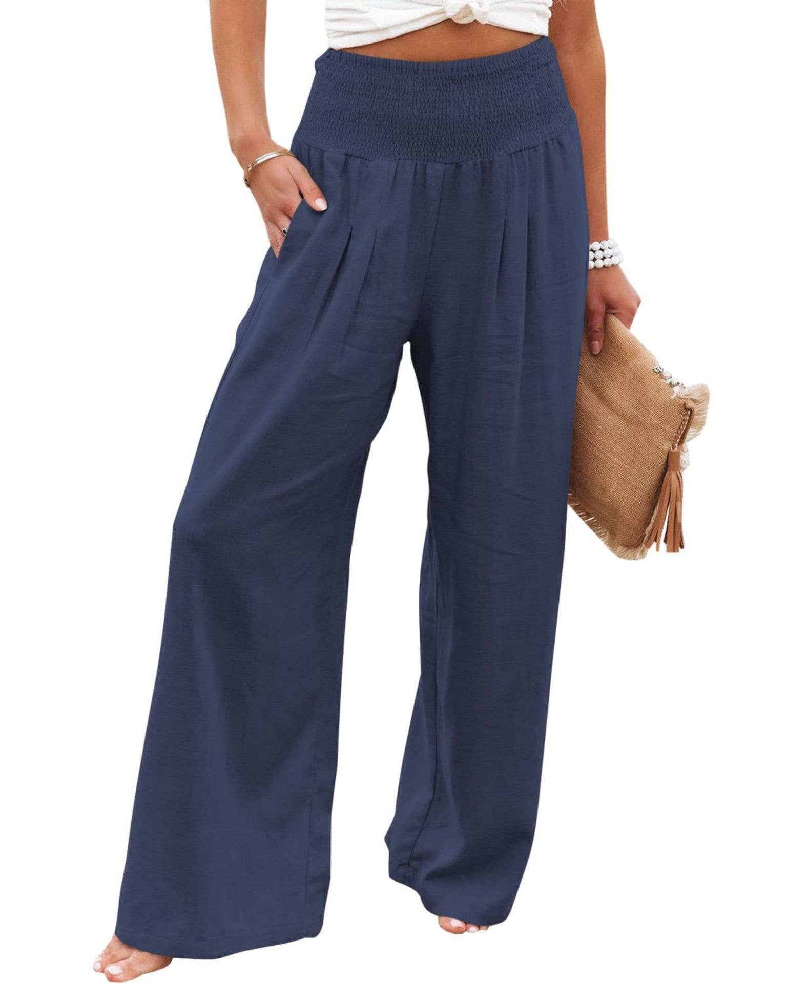 Mid Rise Cotton Linen Slacks - Navy - MaeSor Boutique