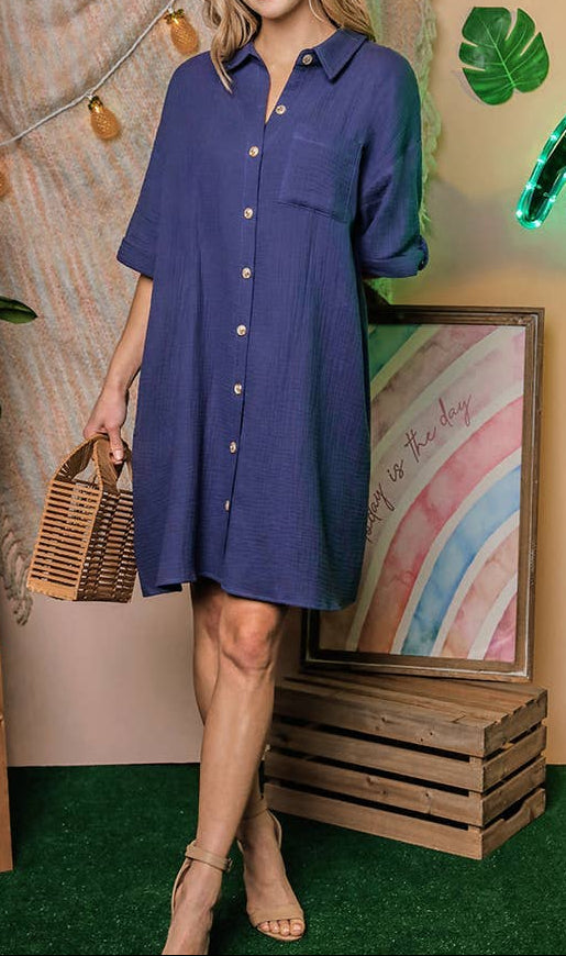 Short Sleeve Button Down Shirt Dress - Blue - MaeSor Boutique