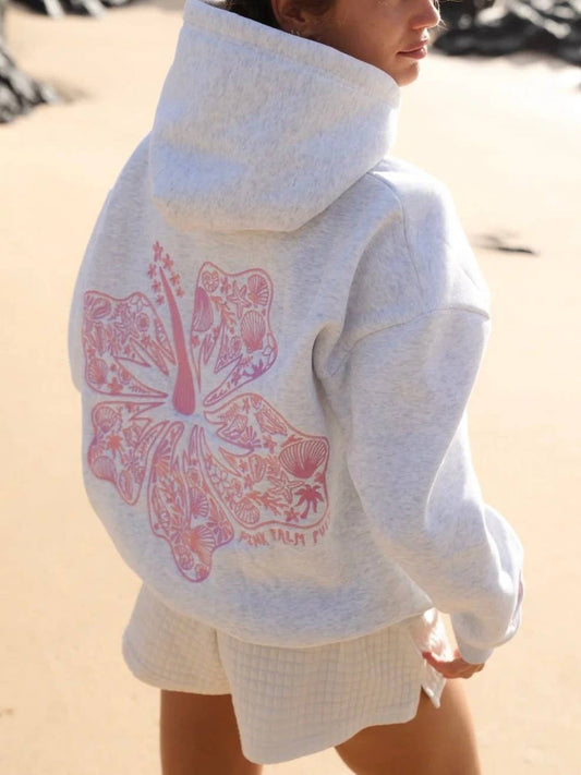 Tropical Hibiscus Floral Embroidered Fleece Oversized Hoodie - - MaeSor Boutique