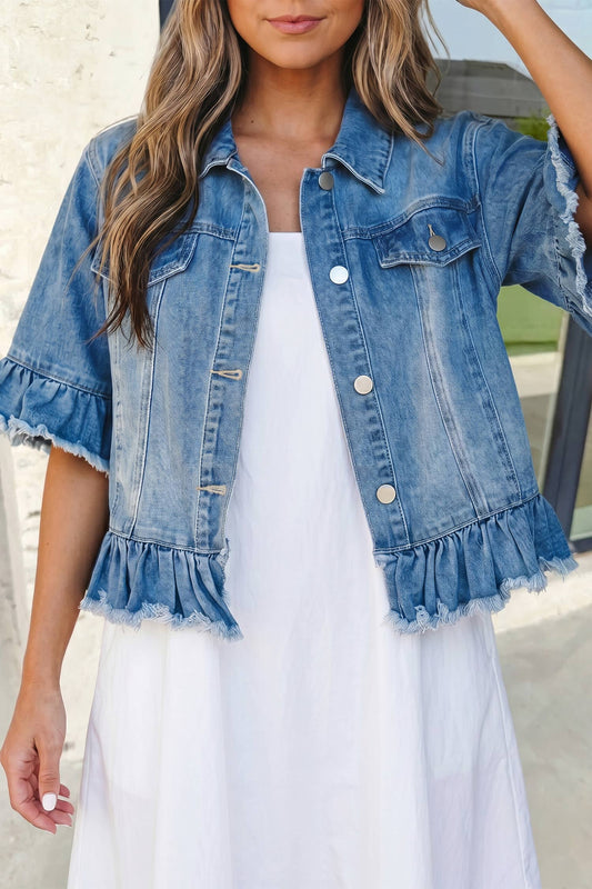 Women's Western Ruffle Hem Half-Sleeve Denim Jacket - - MaeSor Boutique