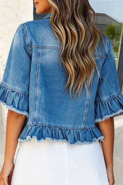 Women's Western Ruffle Hem Half-Sleeve Denim Jacket - - MaeSor Boutique