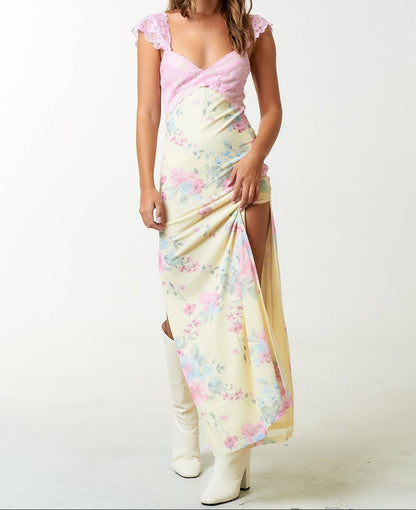 MESH FLORAL PRINT LACE DETAIL SIDE SLIT MAXI DRESS