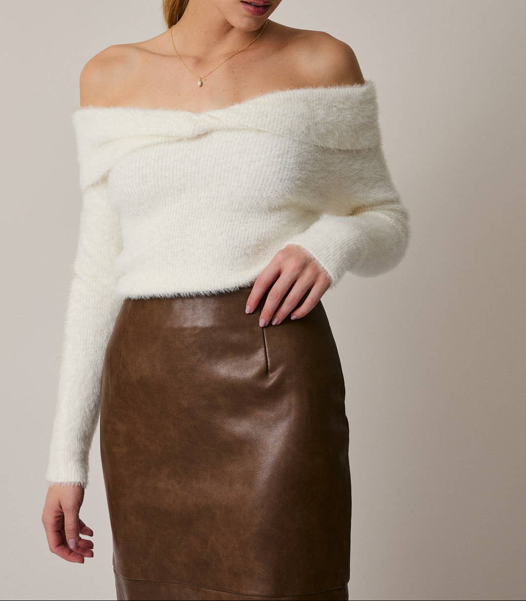 Off Shoulder Long Sleeve Twister Detail Fuzzy Sweater Top - Cream - MaeSor Boutique