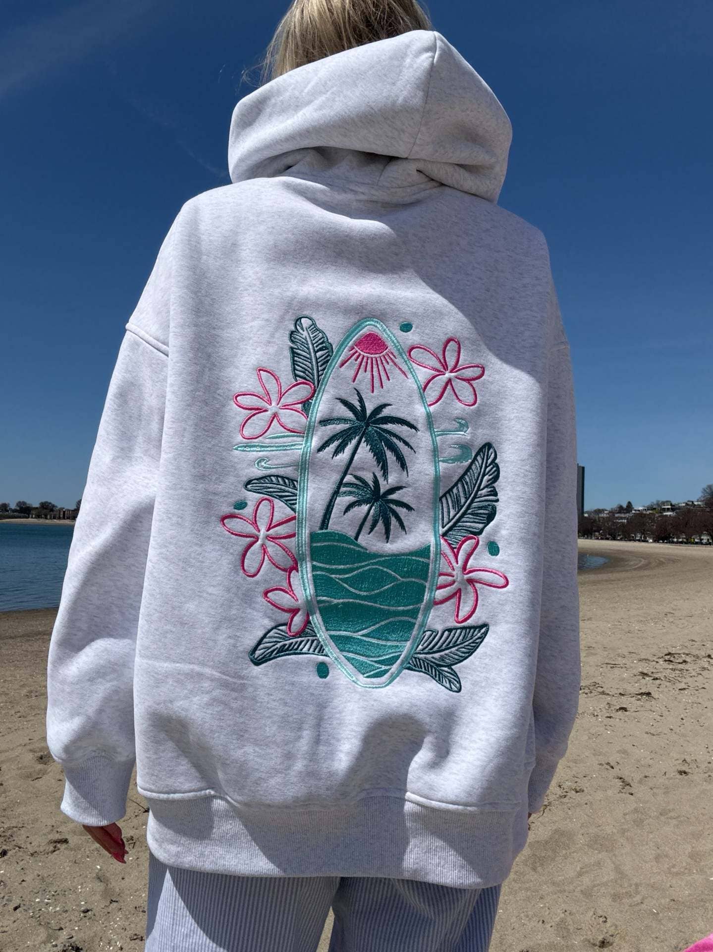 Surfboard & sunset Embroidered Fleece Oversized Hoodie - - MaeSor Boutique