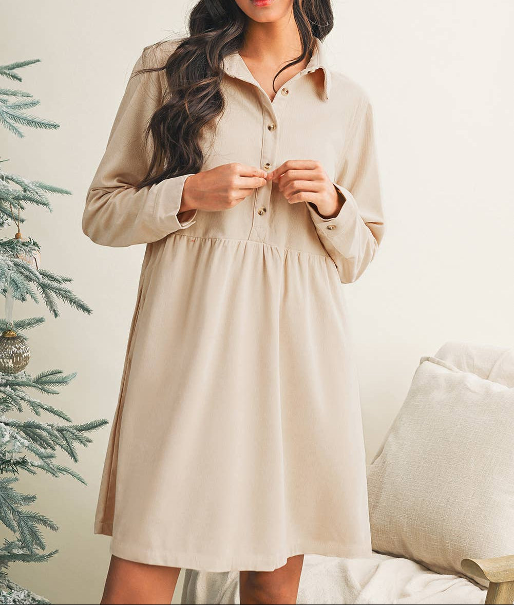 Corduroy Half Button Collared Long Sleeve Mini Dress - Cream - MaeSor Boutique