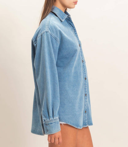 Women's Classic Denim Button-Up Collar Shirt - - MaeSor Boutique