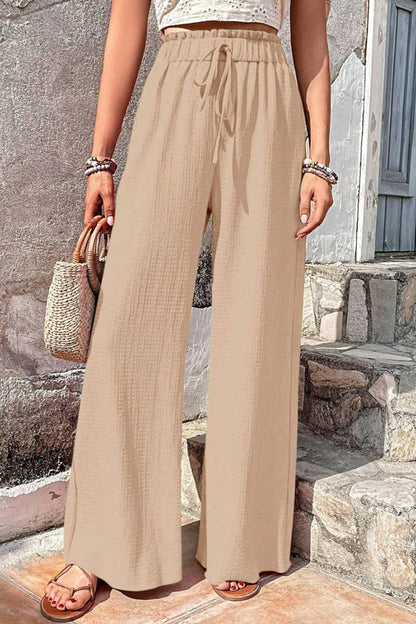 Casual Bubble Plaid Wide Leg Pants - APRICOT - MaeSor Boutique