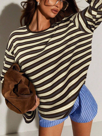 Stripe Hype Oversized Striped Long Sleeve Crew Neck T-Shirt - Coffee - MaeSor Boutique
