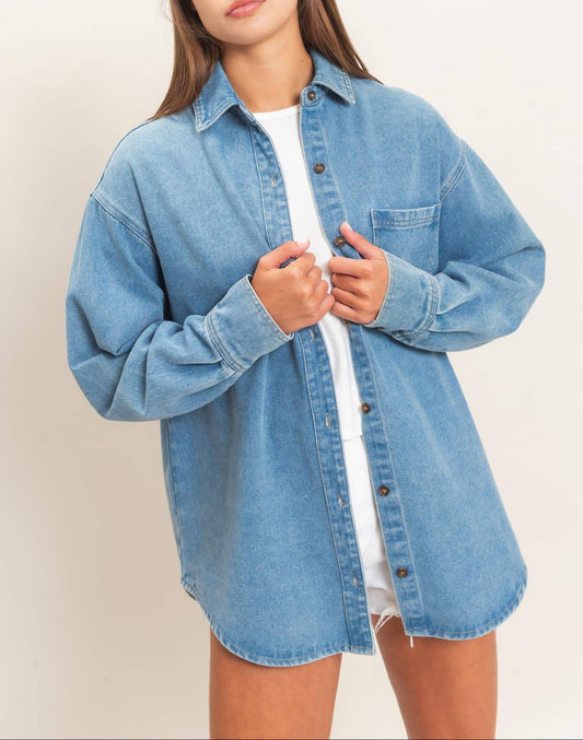 Women's Classic Denim Button-Up Collar Shirt - MEDIUM BLUE - MaeSor Boutique