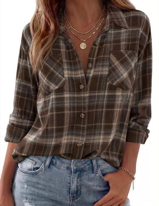 Plaid To Meet You Long Sleeve Button-Up Plaid Shirt - Coffee - MaeSor Boutique