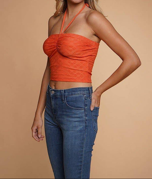 KNIT EYELET HALTER TOP