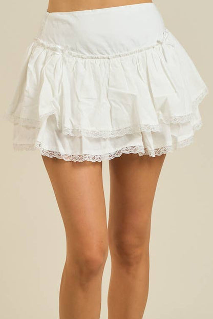 Tiered Mini Skirt With Lace Trim And Bow Detail - White - MaeSor Boutique