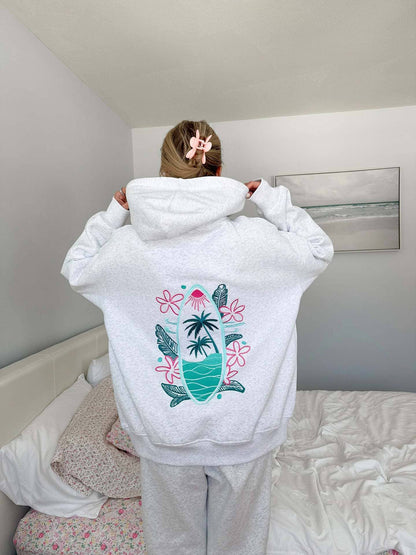 Surfboard & sunset Embroidered Fleece Oversized Hoodie - - MaeSor Boutique