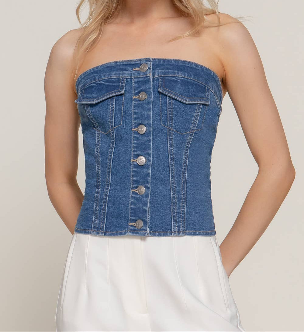 BUTTON DOWN PLACKET STRETCH DENIM TUBE TOP