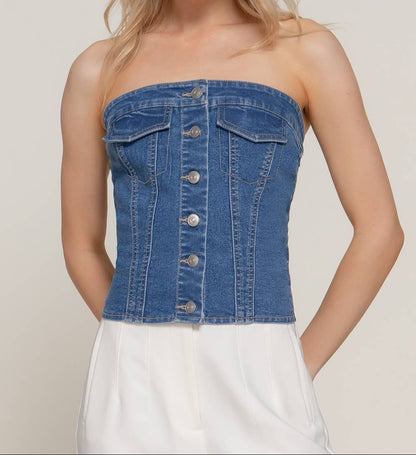 BUTTON DOWN PLACKET STRETCH DENIM TUBE TOP