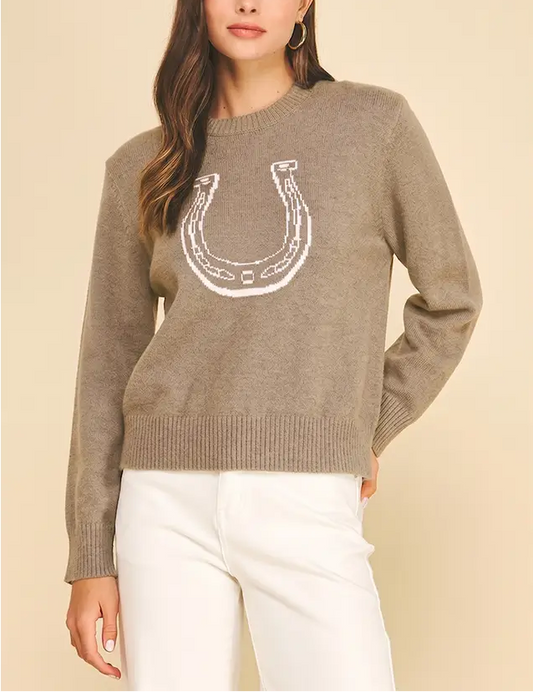 Lucky Charm Horseshoe Graphic Knit Sweater - Brown - MaeSor Boutique