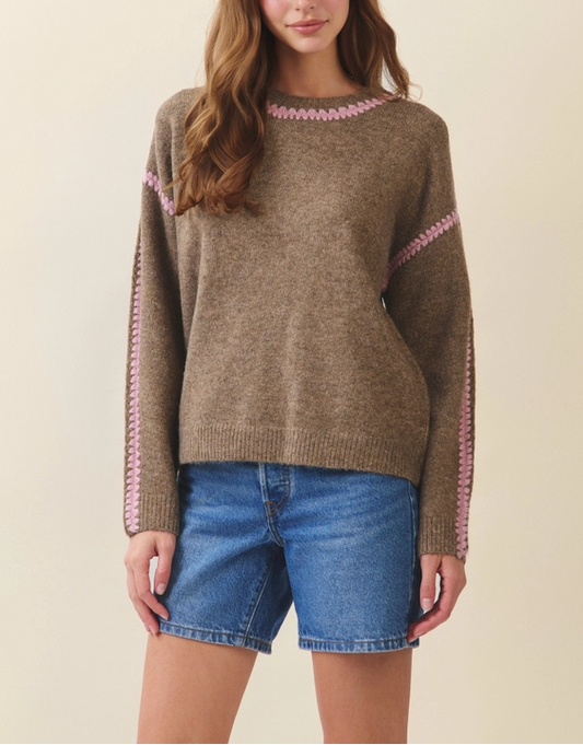 Mocha Blush Contrast Stitch Knit Sweater - Mocha - MaeSor Boutique