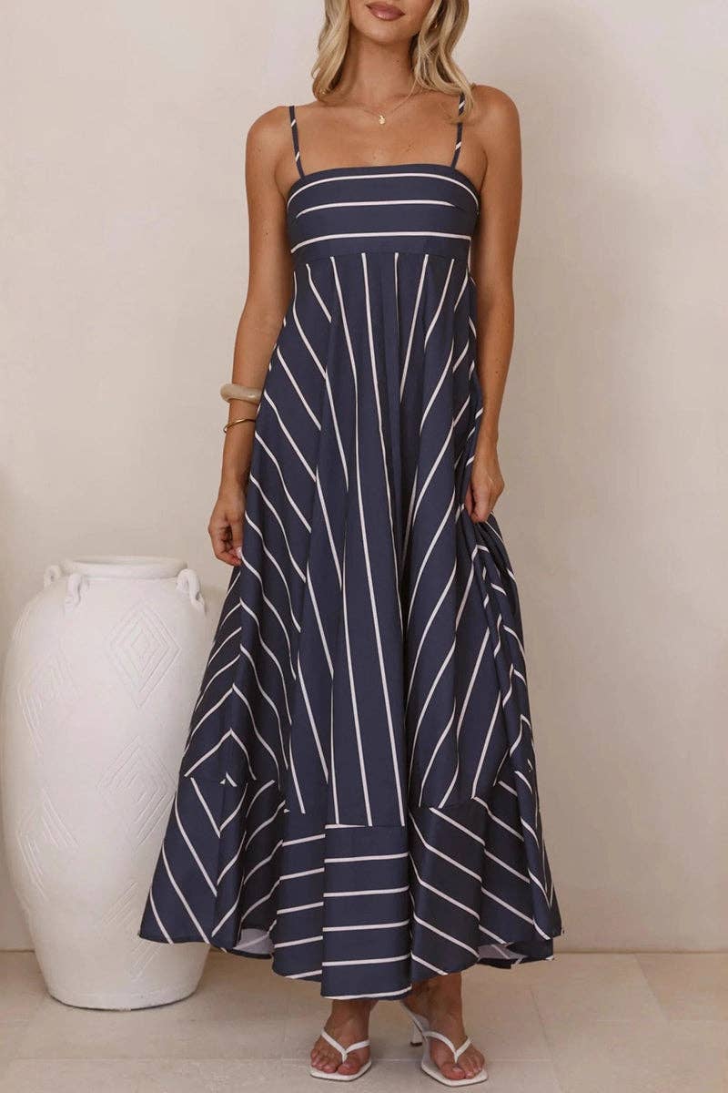 Blue Striped Spaghetti Strap Maxi Dress