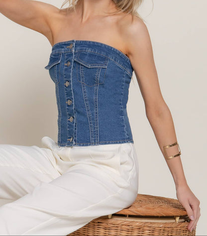 BUTTON DOWN PLACKET STRETCH DENIM TUBE TOP