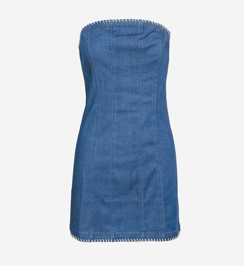 STRAPLESS MINI DENIM DRESS WITH WHIPSTITCHING