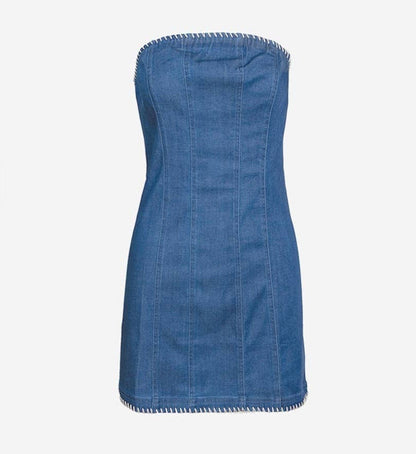 STRAPLESS MINI DENIM DRESS WITH WHIPSTITCHING