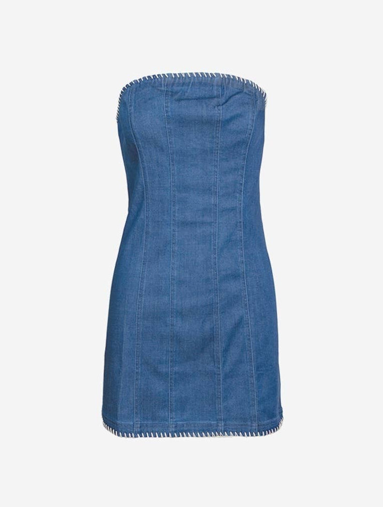 STRAPLESS MINI DENIM DRESS WITH WHIPSTITCHING