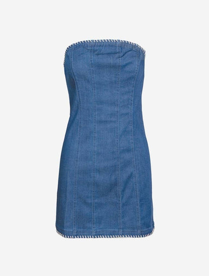 STRAPLESS MINI DENIM DRESS WITH WHIPSTITCHING