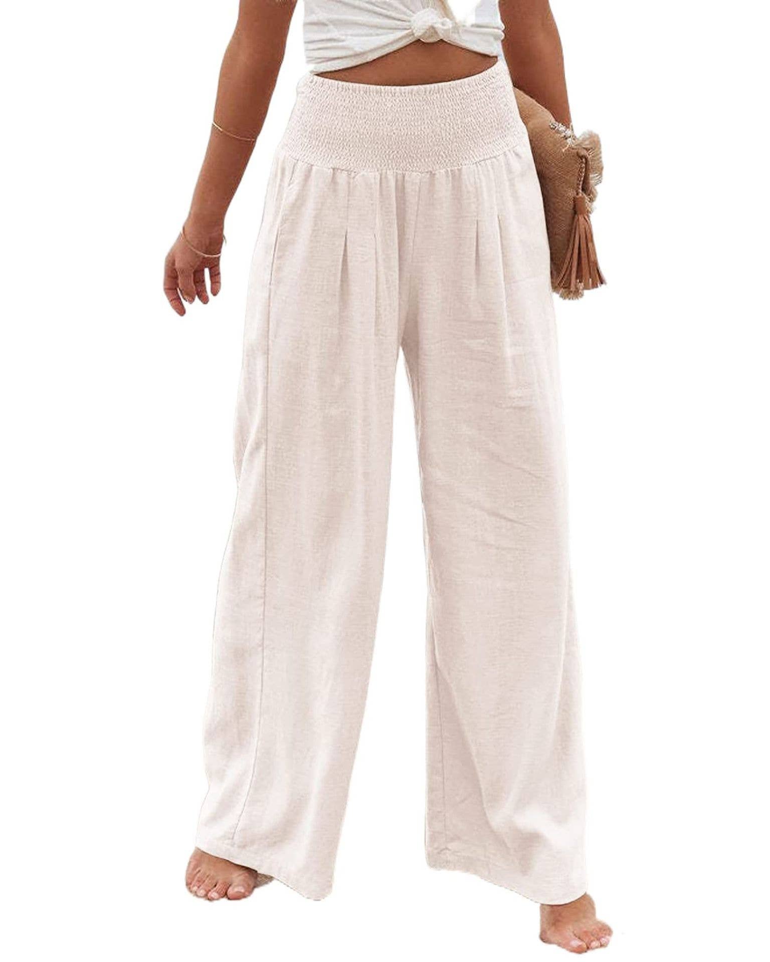 Mid Rise Cotton Linen Slacks - White - MaeSor Boutique