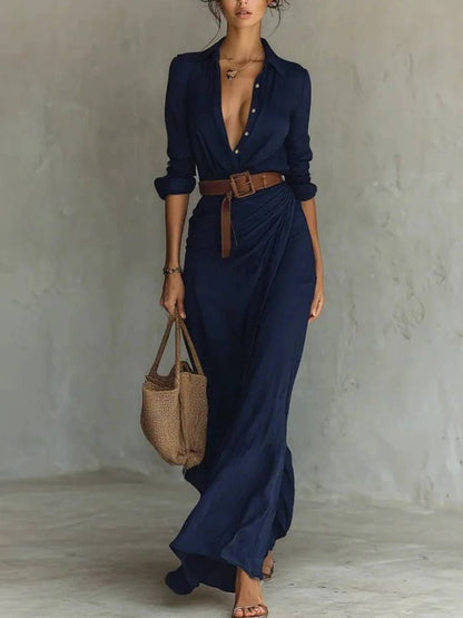 NEW AUTUMN WOMAN DEEP V NECK HOLLOW LONG DRESS ELEGANT SOLID