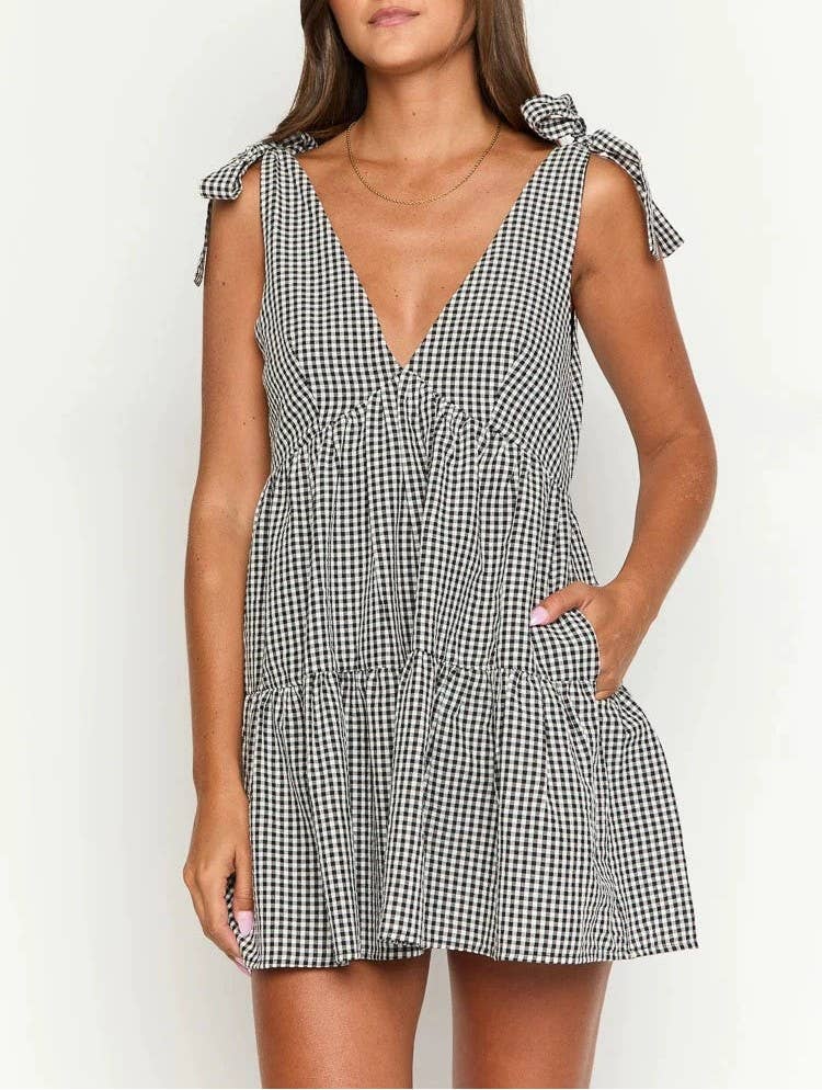 V-NECK VEST LACE-UP CASUAL A-LINE SHORT DRESS