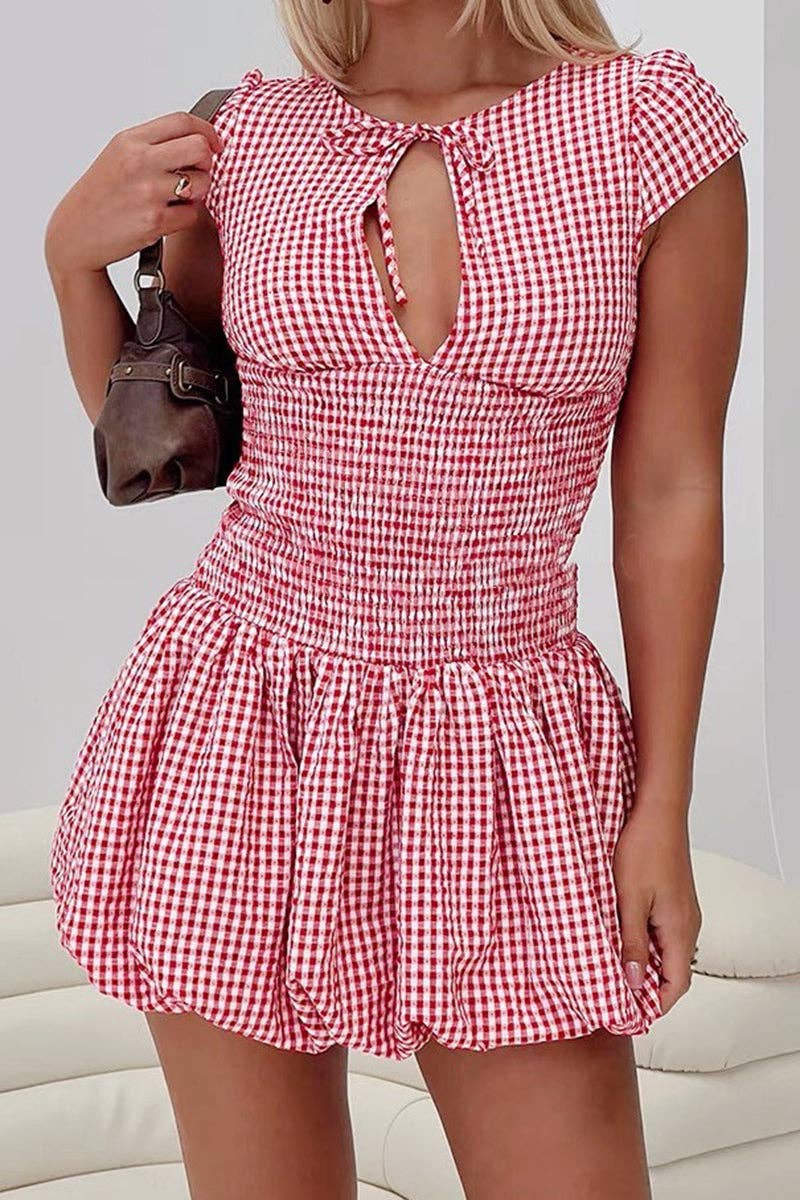 TIE-FRONT GINGHAM CASUAL DRESS
