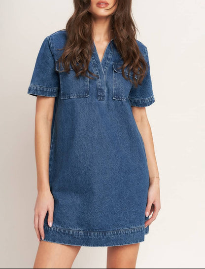Washed Denim Mini Dress - Medium Indigo - MaeSor Boutique