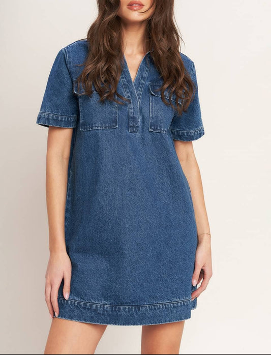 Washed Denim Mini Dress - Medium Indigo - MaeSor Boutique