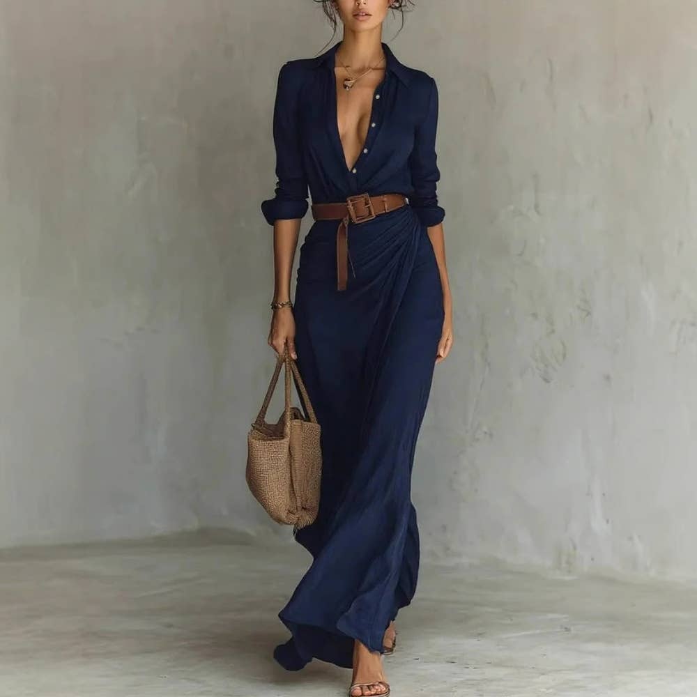 NEW AUTUMN WOMAN DEEP V NECK HOLLOW LONG DRESS ELEGANT SOLID