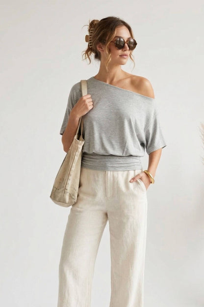 One-Shoulder Ruched Waist Knit Top - Grey - MaeSor Boutique