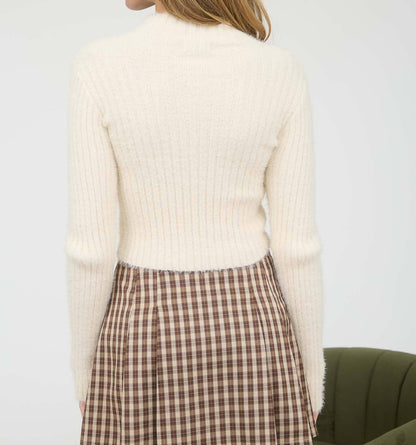 MOCK NECK FUZZY RIBBED KNIT CROPPED SWEATER