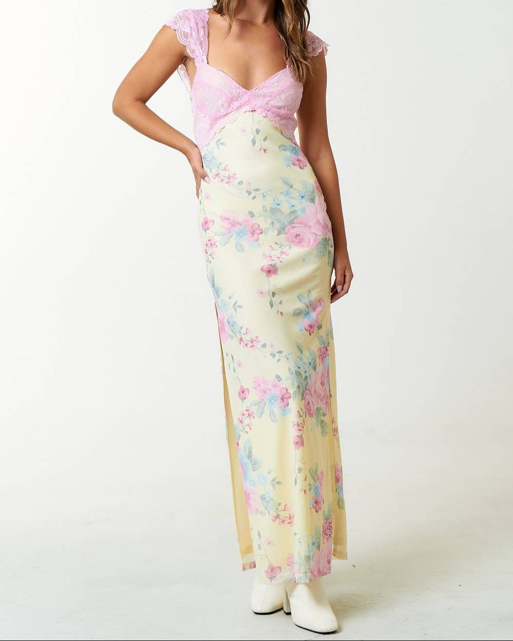 MESH FLORAL PRINT LACE DETAIL SIDE SLIT MAXI DRESS