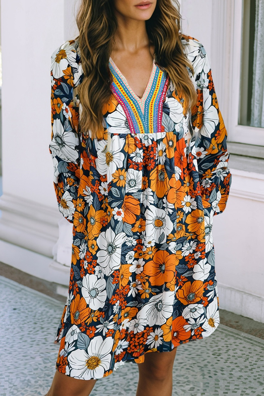 FLORAL PRINT STRIPED LACE V NECK LONG SLEEVE MINI DRESS