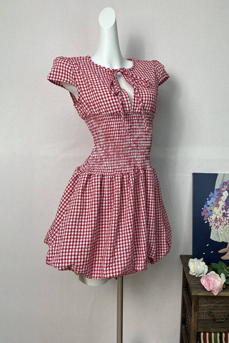 TIE-FRONT GINGHAM CASUAL DRESS
