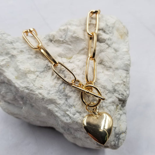 Gold Paper Clip Chain Heart Necklace With Toggle Clasp - - MaeSor Boutique