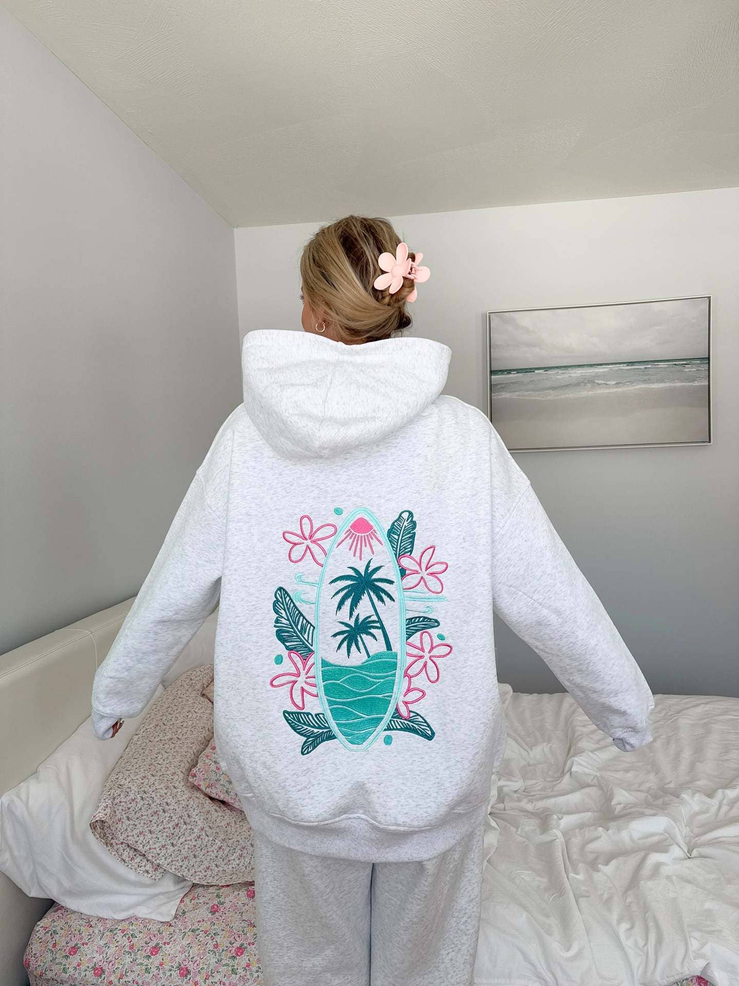 Surfboard & sunset Embroidered Fleece Oversized Hoodie - - MaeSor Boutique
