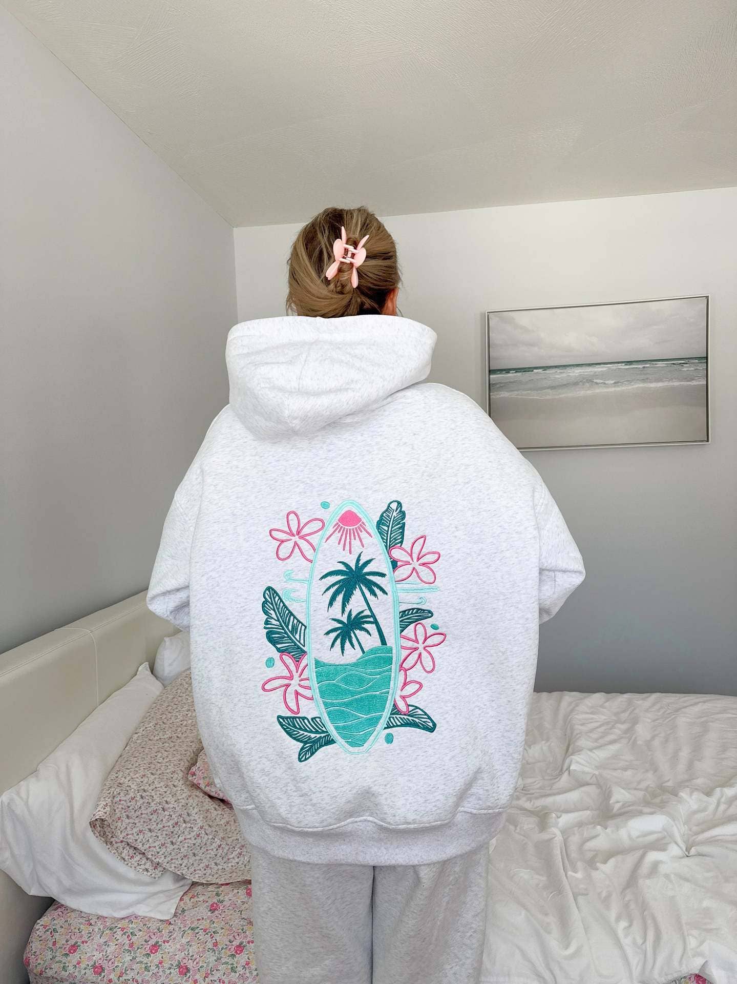 Surfboard & sunset Embroidered Fleece Oversized Hoodie - - MaeSor Boutique