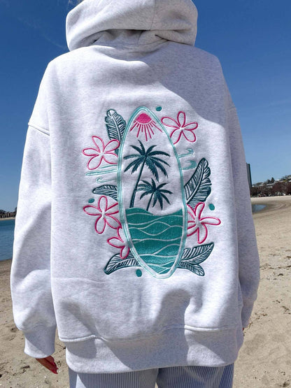 Surfboard & sunset Embroidered Fleece Oversized Hoodie - - MaeSor Boutique