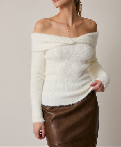 Off Shoulder Long Sleeve Twister Detail Fuzzy Sweater Top - - MaeSor Boutique