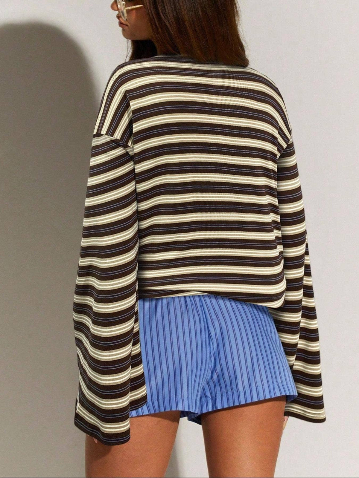 Stripe Hype Oversized Striped Long Sleeve Crew Neck T-Shirt - - MaeSor Boutique