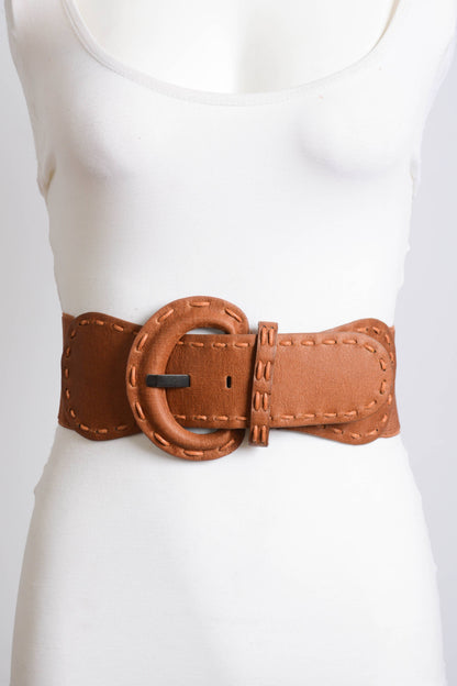 Distressed Wide Stitch Elastic Belt - Brown - MaeSor Boutique
