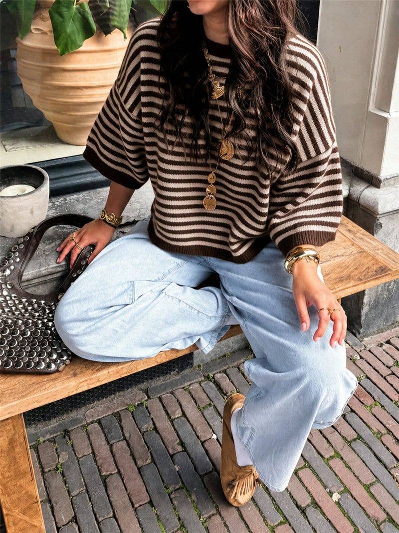 Très Chic Striped 3/4 Sleeve Relaxed Knit Sweater - Coffee - MaeSor Boutique