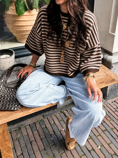 Très Chic Striped 3/4 Sleeve Relaxed Knit Sweater - Coffee - MaeSor Boutique