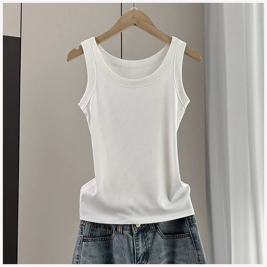 Everyday Cutie White Ribbed Round Neck Fitted Tank Top - White - MaeSor Boutique