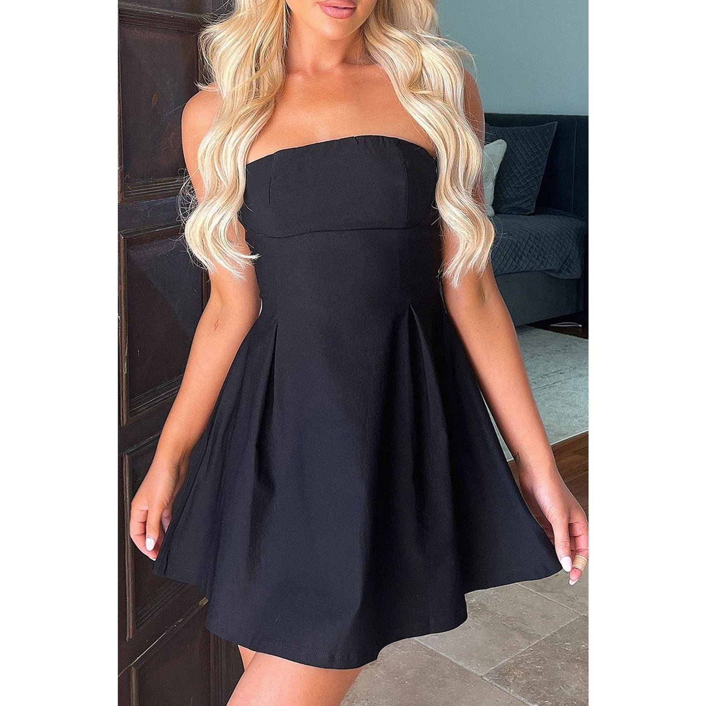 Off Shoulder Elegant Tube Cuff A Swing Short Dress - Black - MaeSor Boutique